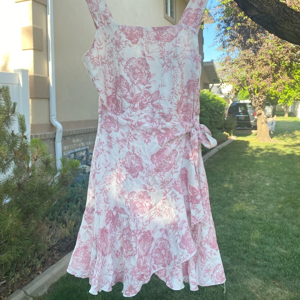 Trixxi White Pink Floral Square Neck Wide Strap Wrap Mini Dress